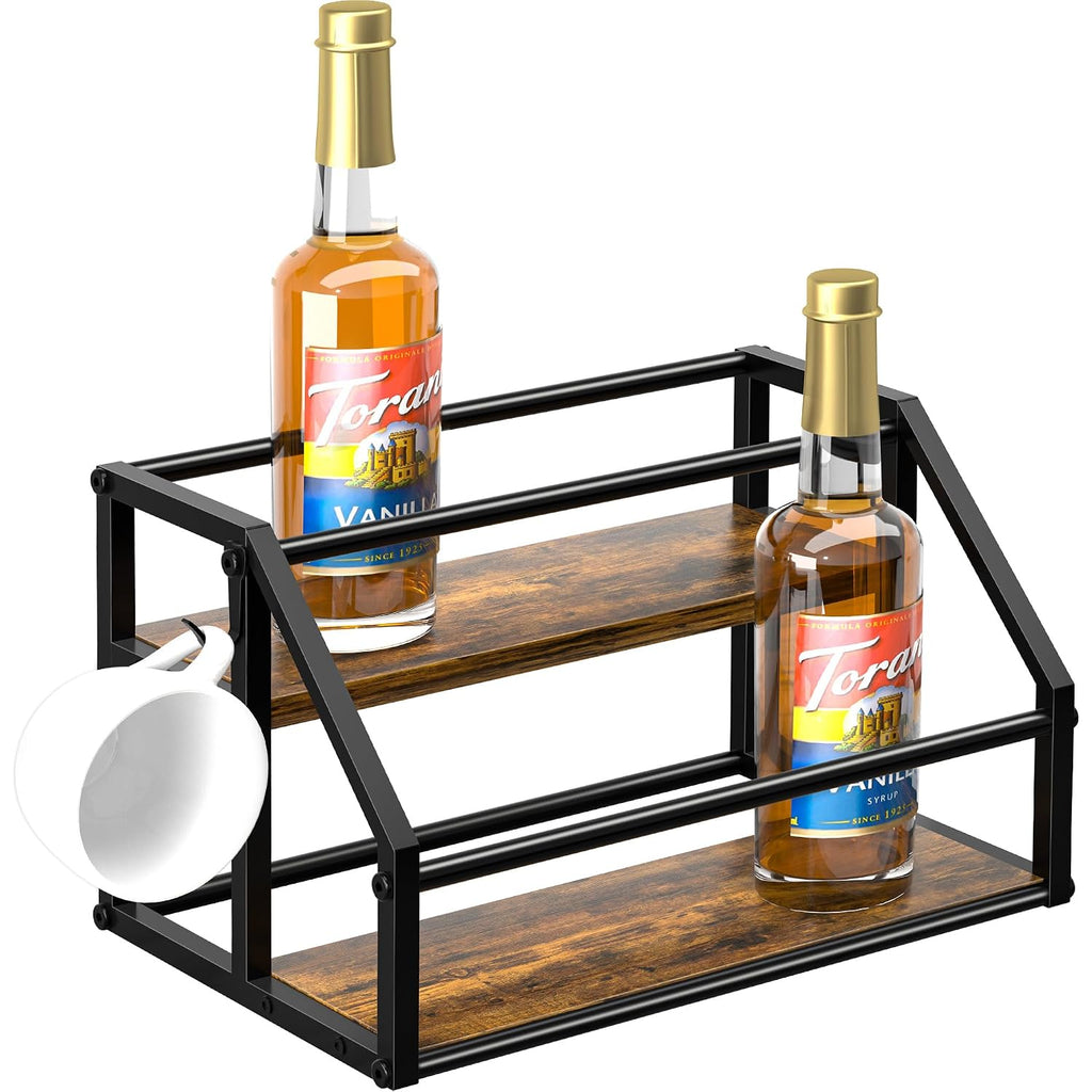 Coffee Syrup Rack Organizer, Syrup Bottle Holder Stand For Coffee Bar, 2-Tier 8 Bottles Storage Shelves For Syrup, Wine, Dressing For Kitchen Countertop, Rustic Brown & Black