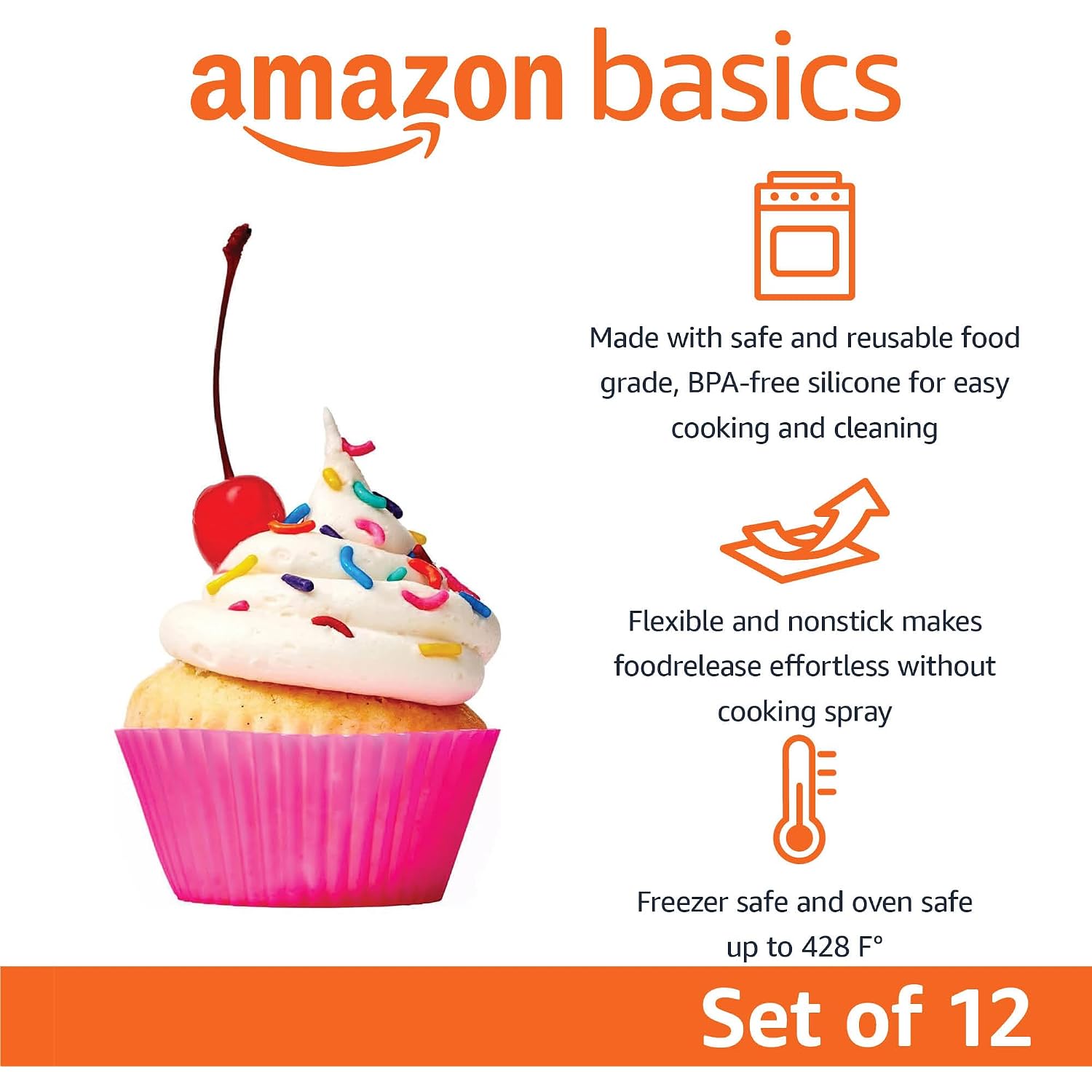 Amazon Basics Reusable Non-Stick Silicone Baking Cups, Bpa Free, Muffin Liners, Dishwasher Safe, Microwave And Oven Safe, 2.9 X 2.9 X 1.3 In (Lxwxh), Multicolor, 12-Pack