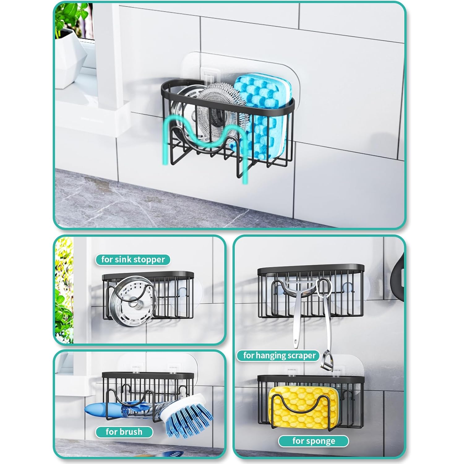 HapiRm Multifunctional Sponge Holder with Unique M-Shaped, 2 Installation Methods Kitchen Sink Caddy Organizer, Rustproof Stainless Steel Kitchen Organizers and Storage Essentials - Black