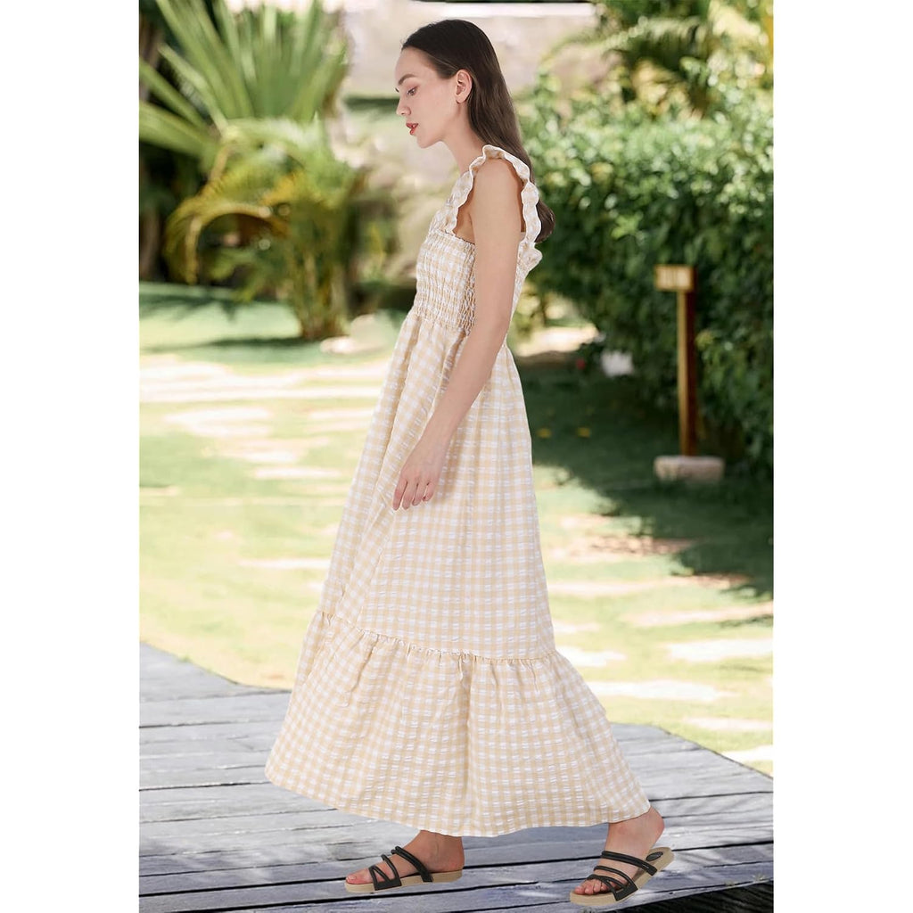 Chouyatou Women'S Retro Plaid Smocked Dress Spaghetti Strap Flounce Long Dress