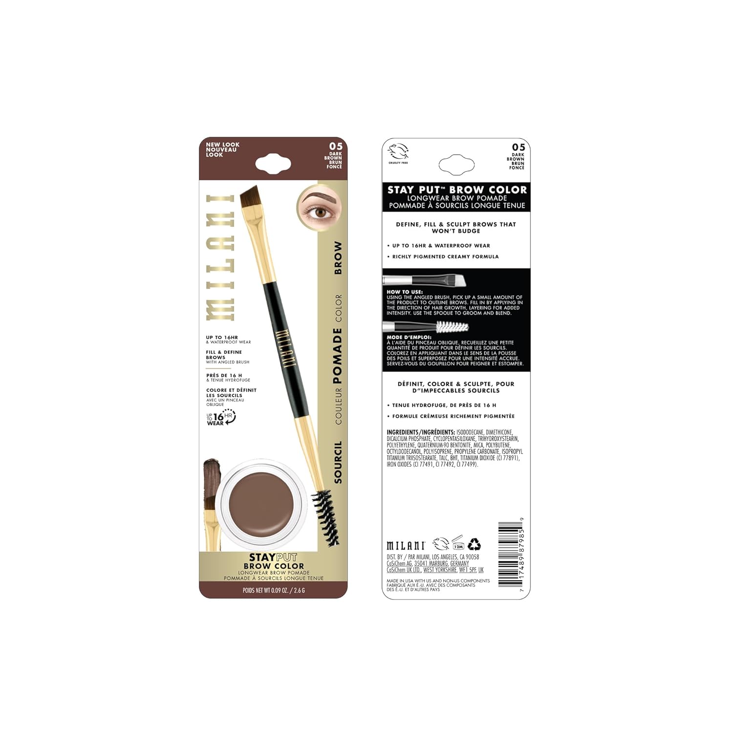 Milani Stay Put Brow Color - Dark Brown (0.09 Ounce) Vegan, Cruelty-Free Eyebrow Color that Fills and Shapes Brows