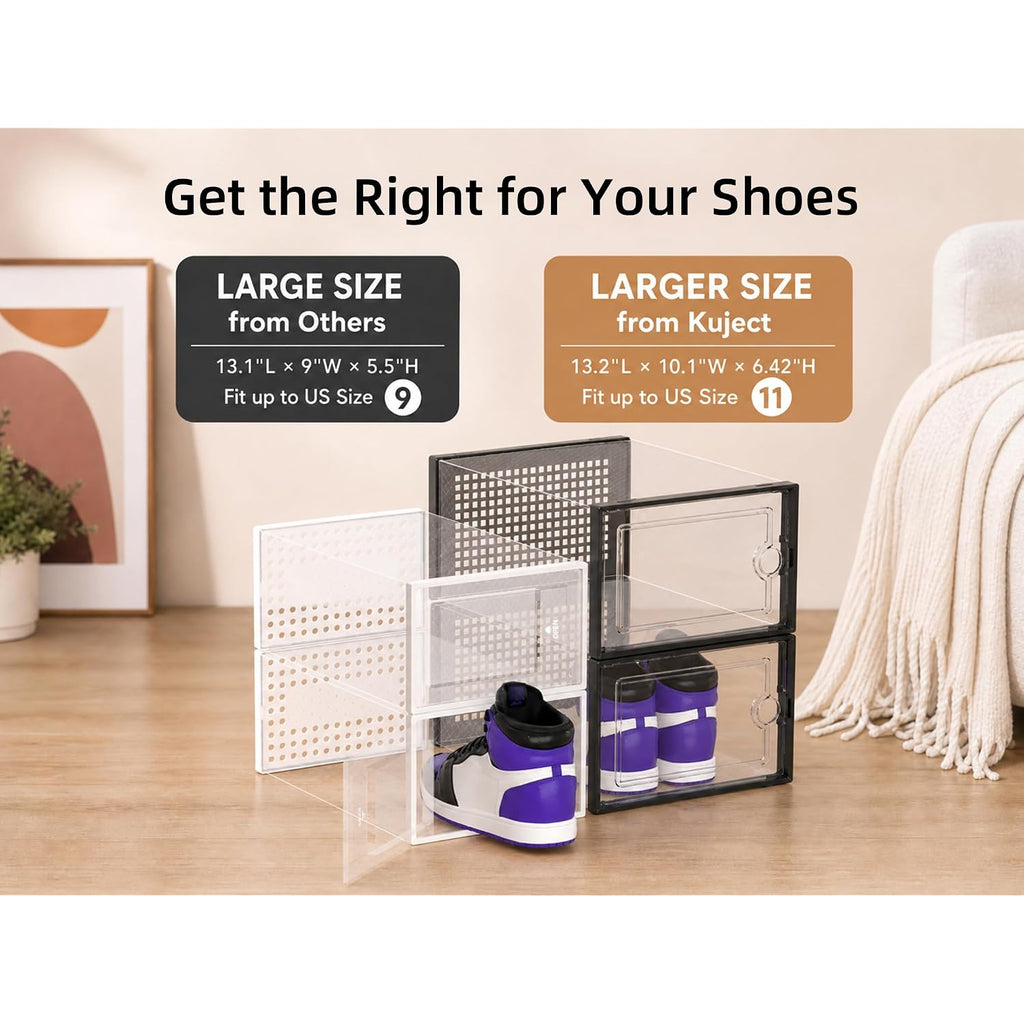 Kuject X-Large Shoe Storage Boxes Organizers Clear Plastic Stackable 12 Pack, Shoe Rack & Holder Substitute, Sneaker Containers, Toy Storage Organizer Bins For Entryway, Closet, Under Bed, Black
