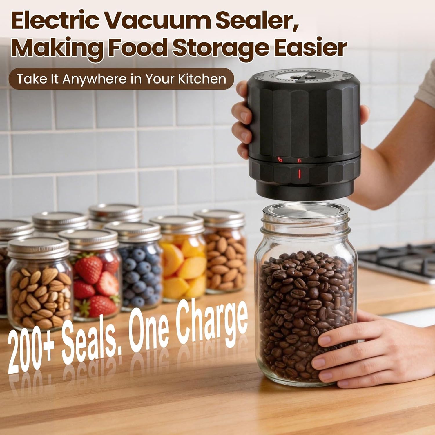 UNERVER Mason Jar Vacuum Sealer Kit, Electric Airtight Food Saver for Wide & Regular Mouth Jars, Easy One-Touch Vacuum Sealer for Meal Prep, Pantry Storage & Keeping Food Fresh Longer