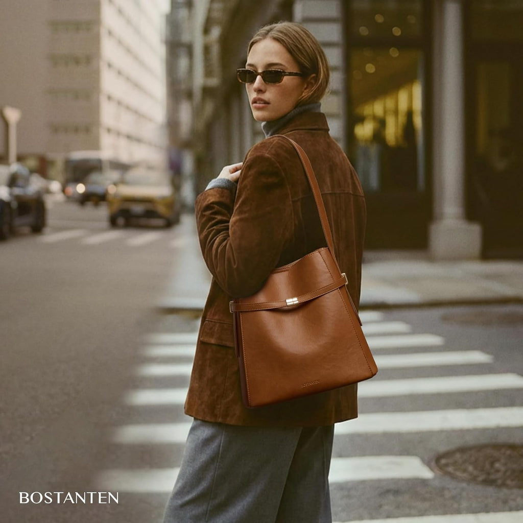 BOSTANTEN Bucket Bag Soft Vegan Leather Purses for Women Trendy Shoulder Handbags with Separate Pouch