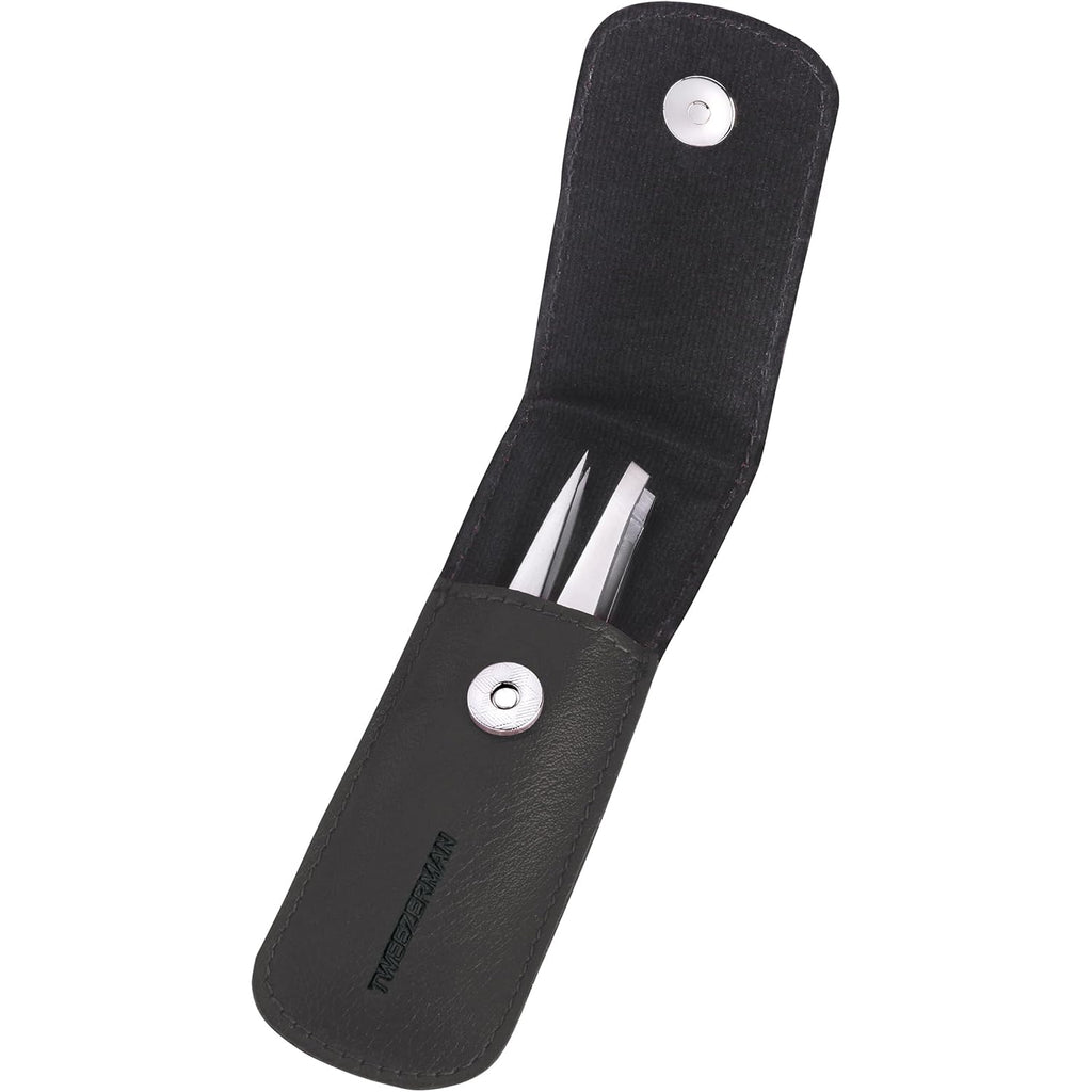 Tweezerman Petite Tweeze Set with Travel Case - Point and Slant Tweezers, Tweezers for Travel (Black Case)