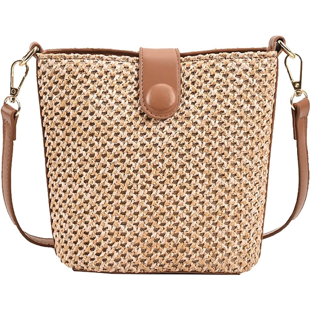 Women Straw Crossbody Bag Beach Handmade Rattan Shoulder Bags Hand Woven Leather Straps Straw Clutch Purse Vacation