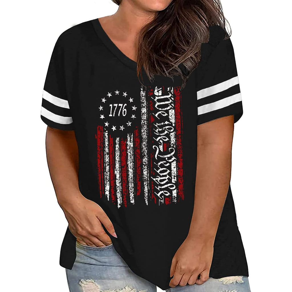 Plus Size Tops American Flag Shirts Womens V Neck Patriotic Tshirt USA Graphic Tee 4th of July T-Shirt