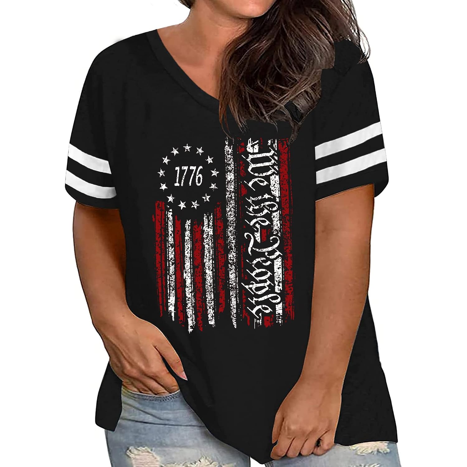 Plus Size Tops American Flag Shirts Womens V Neck Patriotic Tshirt USA Graphic Tee 4th of July T-Shirt
