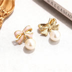 Bow Earrings for Women Trendy Stuff Cute Bow Pearl Drop Dangle Earrings Bowknot Stud Prom Wedding Party Daily Jewelry Accessory Gifts Pink Dress for Women