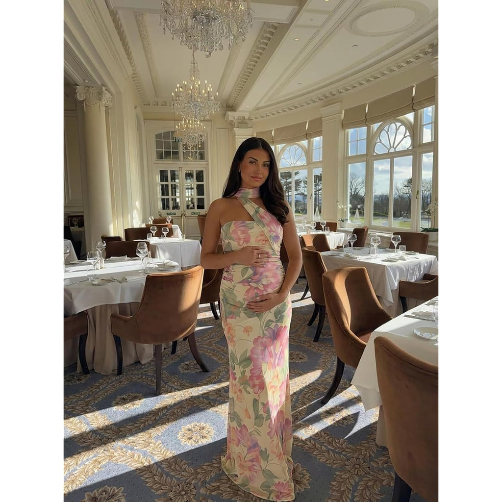 Women Summer Floral Formal Wedding Guest Dress Strapless Tube Dress With Scarf Summer Cocktail Long Maxi Dresses