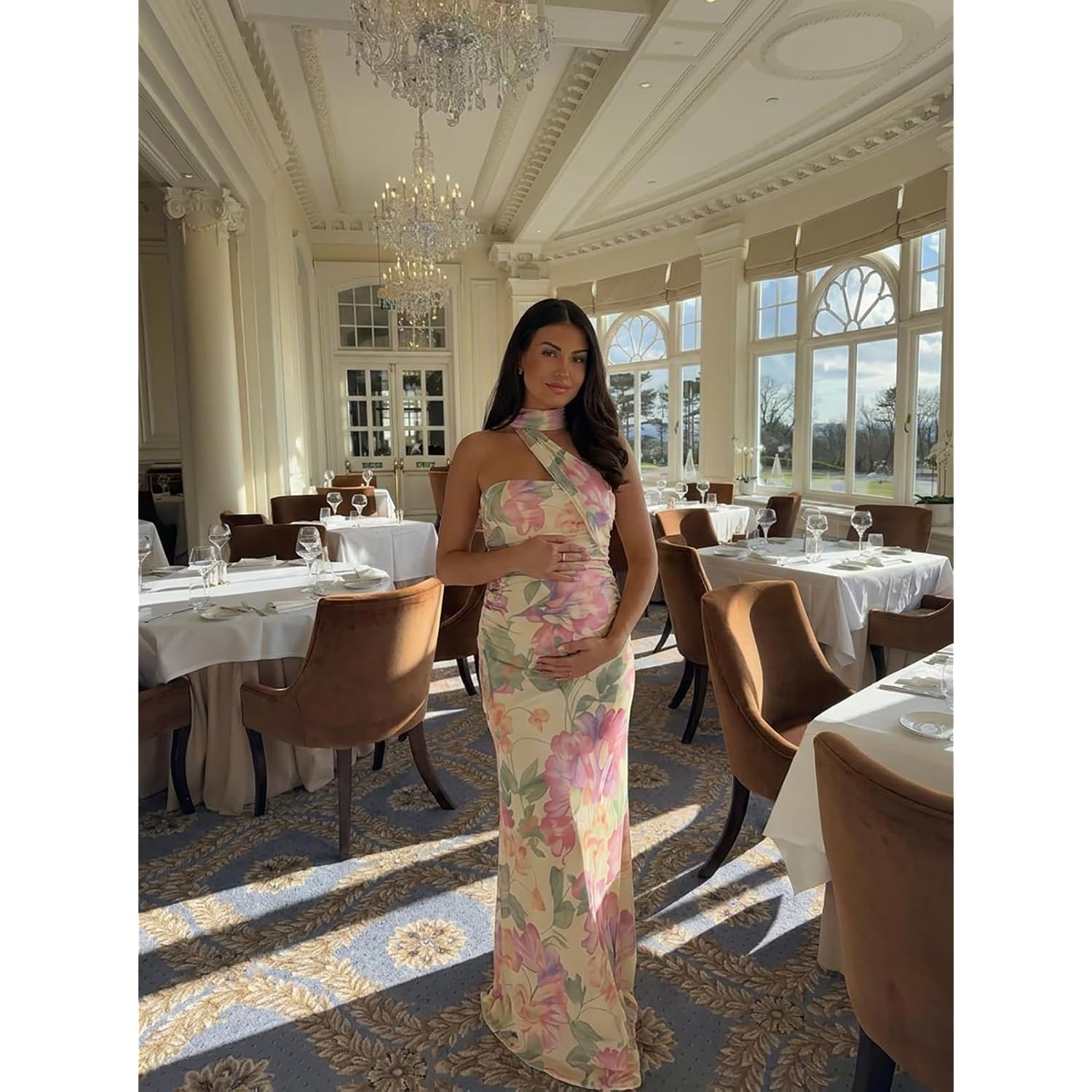 Women Summer Floral Formal Wedding Guest Dress Strapless Tube Dress With Scarf Summer Cocktail Long Maxi Dresses