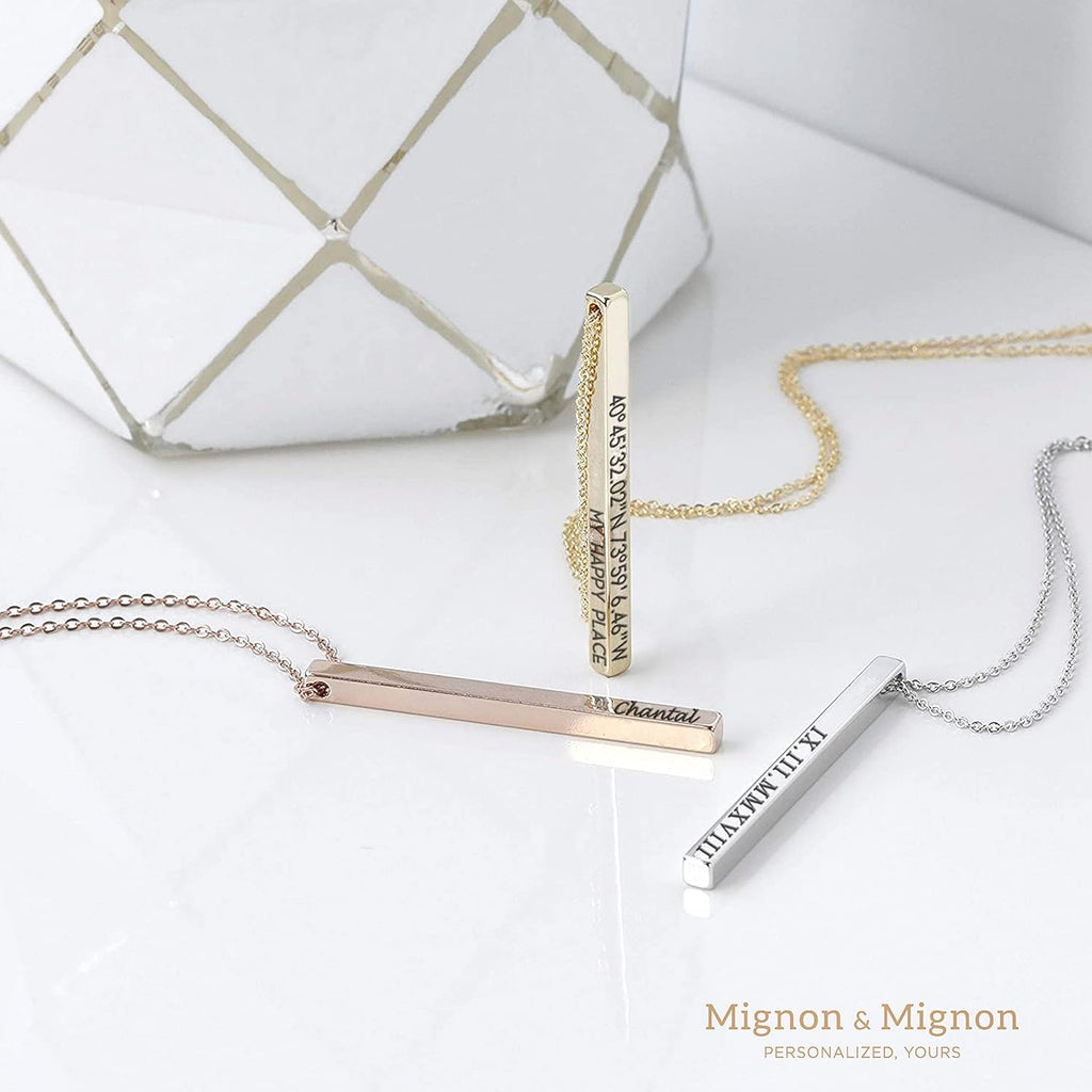 MignonandMignon 4 Sided Engraved Bar Necklace Personalized | Coordinates Name Necklace for Women Gold Silver | Custom Engraved Pendant Mom Gift Mothers Day Birthday