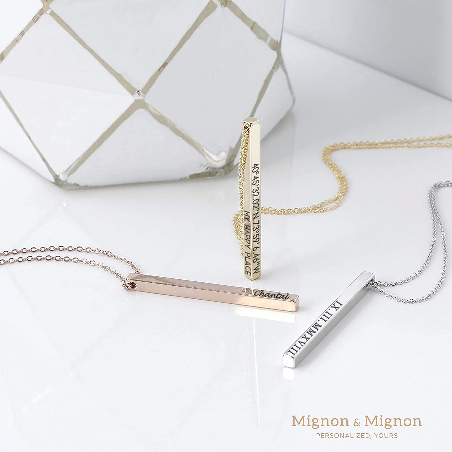 MignonandMignon 4 Sided Engraved Bar Necklace Personalized | Coordinates Name Necklace for Women Gold Silver | Custom Engraved Pendant Mom Gift Mothers Day Birthday