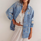 Women'S Vintage Oversized Denim Jacket Embroidered Graphic Casual Loose Fit Button Down Jean Jacket