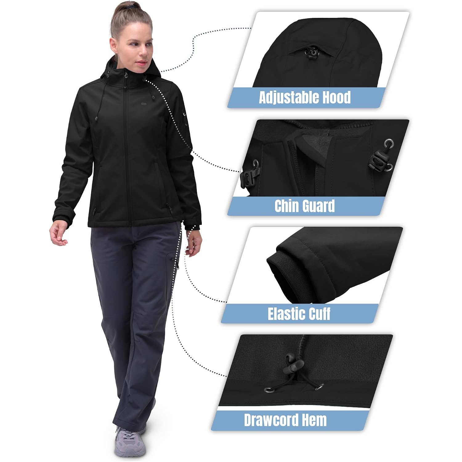 33,000Ft Women'S Softshell Jacket, Fleece Lined Warm Jacket Light Hooded Windproof Coat For Outdoor Hiking