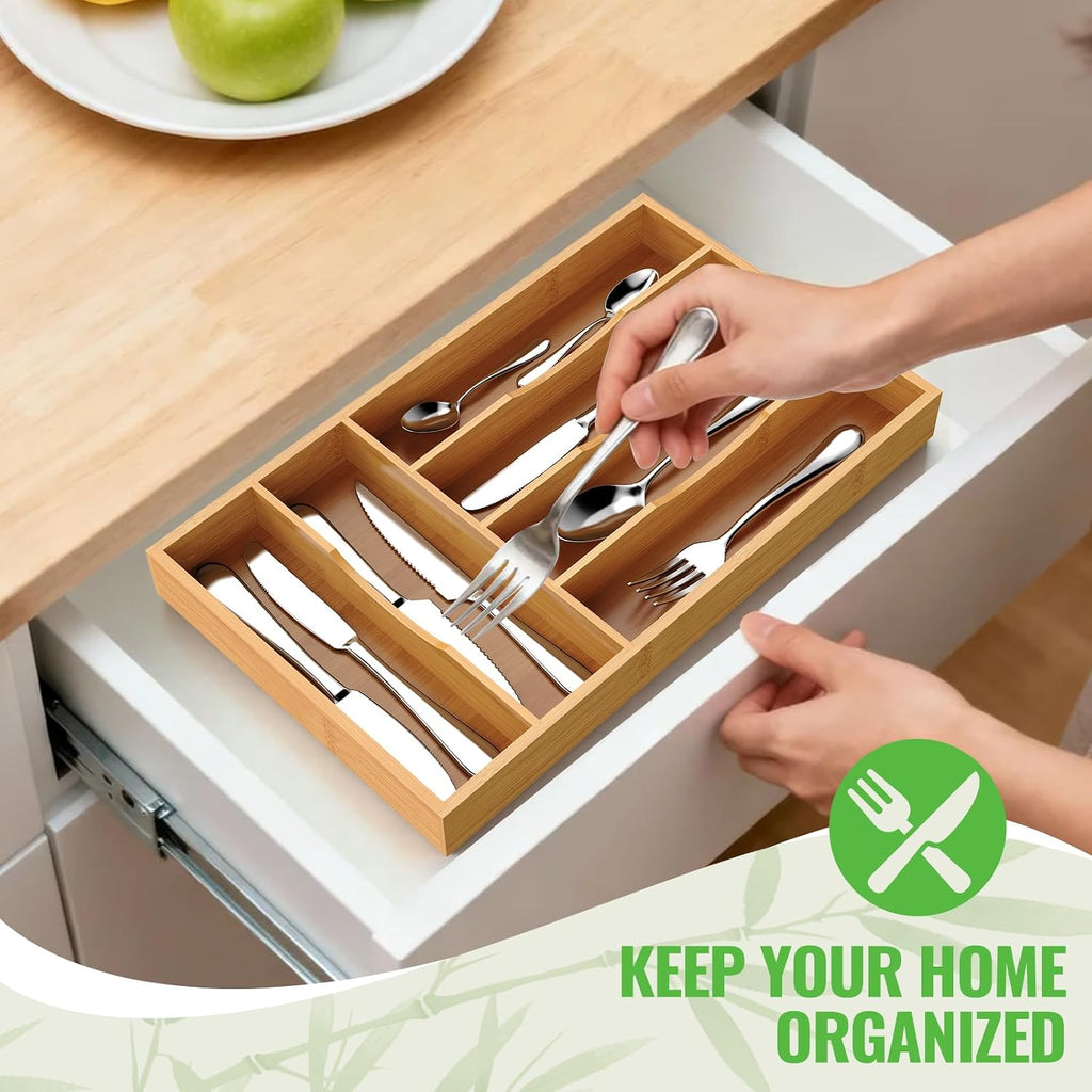 Bamboo Silverware Organizer, Bamboo Kitchen Drawer Cutlery Organizer, Utensil Holder, Flatware Organizer Tray (15.8"X9.5"X1.6")