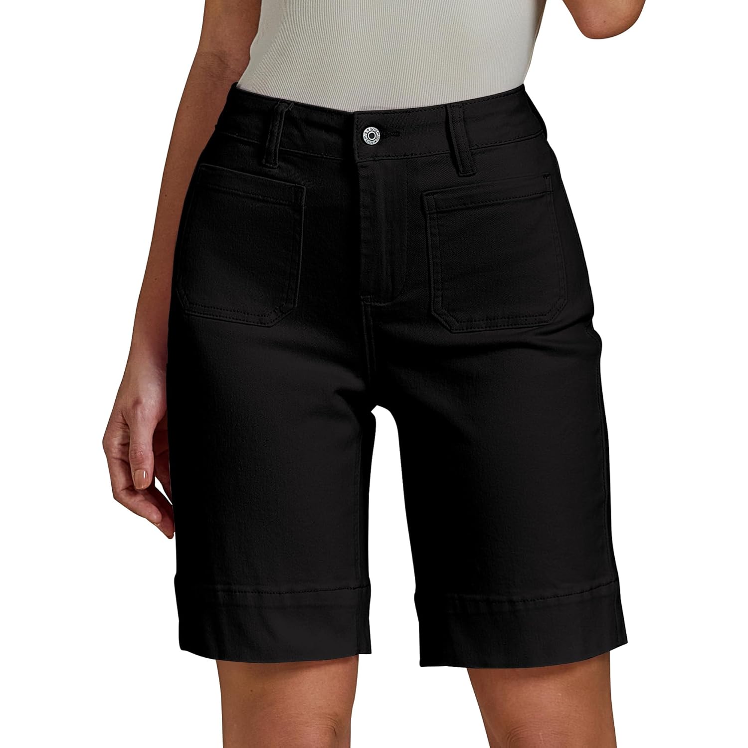 Bermuda Shorts for Women High Waisted Trendy Patch Pocket Casual Vintage Long Stretchy Denim Shorts Summer Jorts