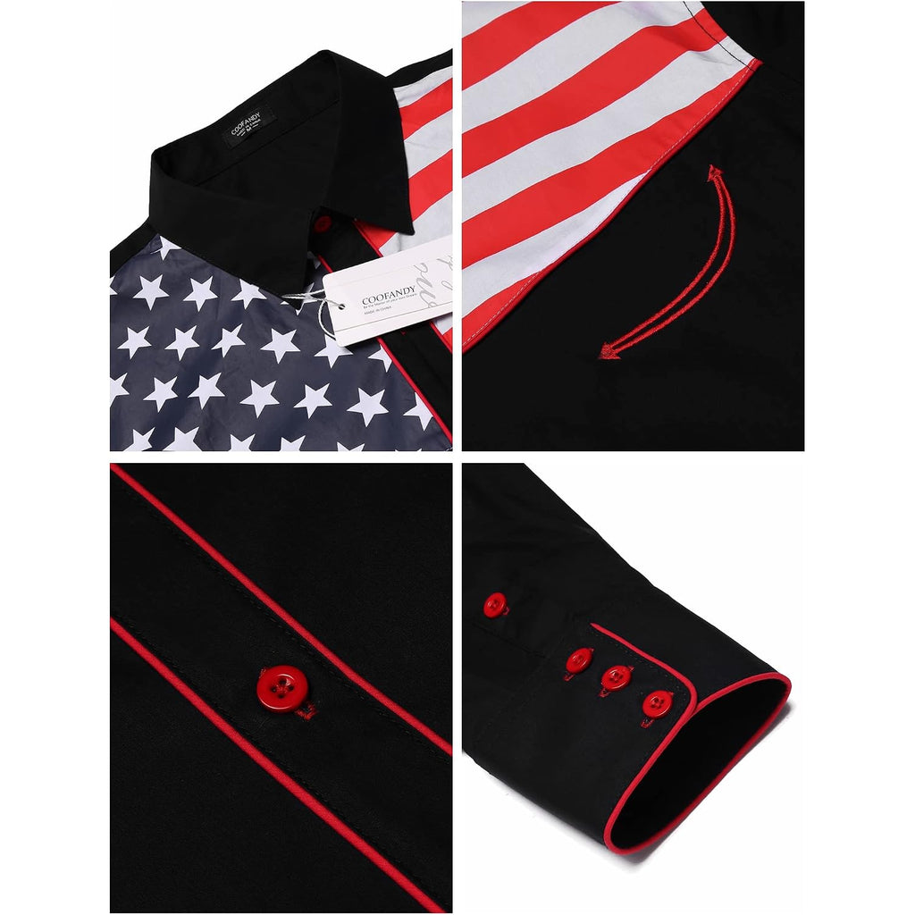 Coofandy Men'S American Flag Button Down Shirts Western Cowboy Shirt Slim Fit Patriotic Long Sleeve Shirt