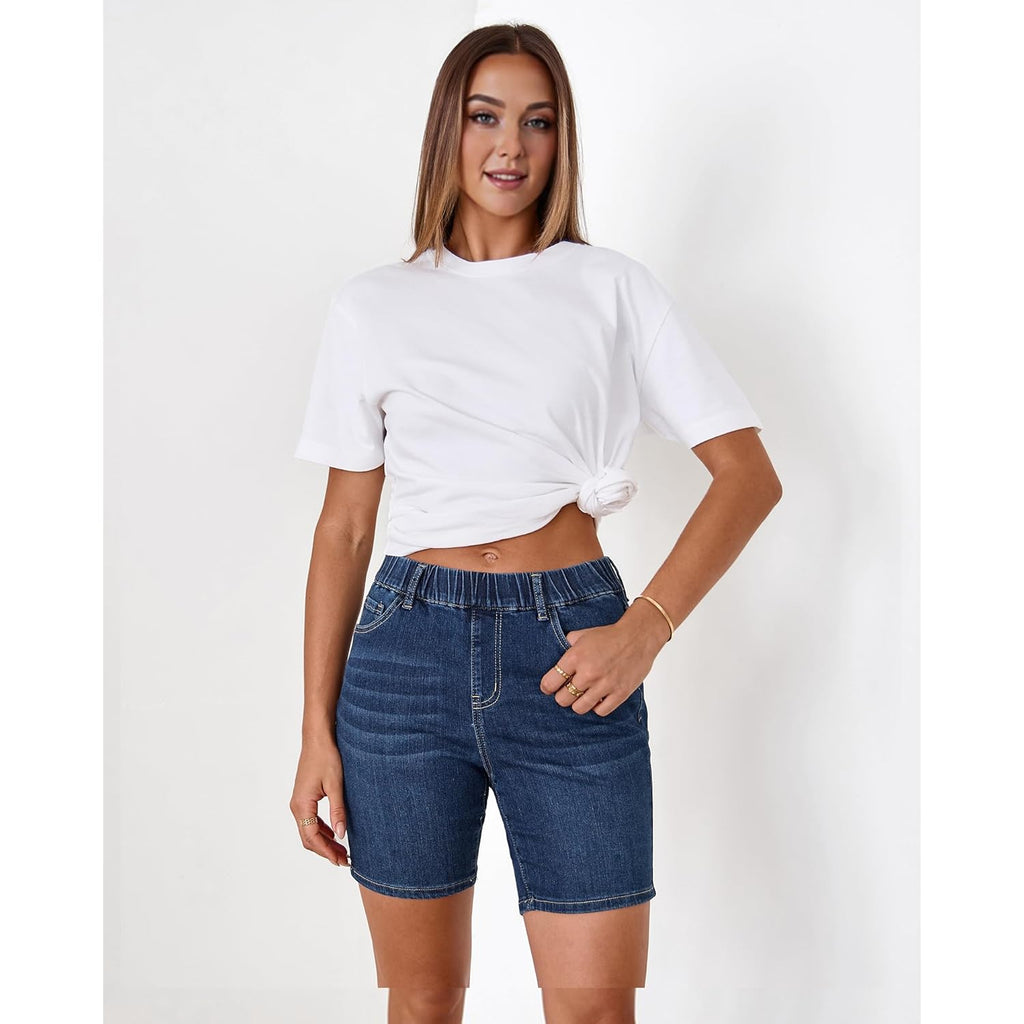 Jean Shorts for Women Mid Rise Pull On Elastic Waist Trendy Summer Jorts 7 Inch Inseam Stretchy Long Denim Shorts