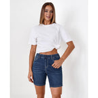 Jean Shorts for Women Mid Rise Pull On Elastic Waist Trendy Summer Jorts 7 Inch Inseam Stretchy Long Denim Shorts