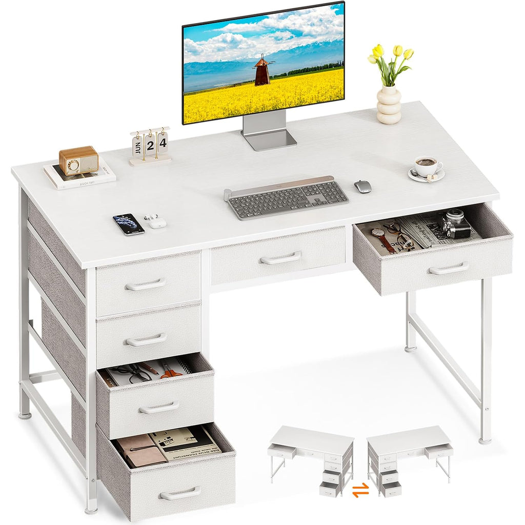 Odk Computer Desk With 6 Drawers, 40 Inch Small Desk With Storage, Reversible Desk For Home Office, Work Study Table For Bedroom, White