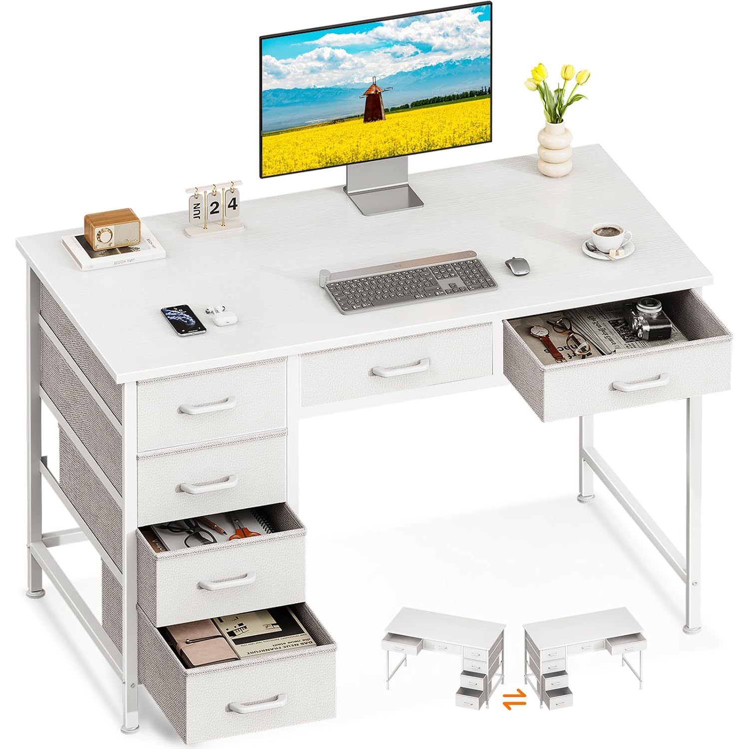 Odk Computer Desk With 6 Drawers, 40 Inch Small Desk With Storage, Reversible Desk For Home Office, Work Study Table For Bedroom, White
