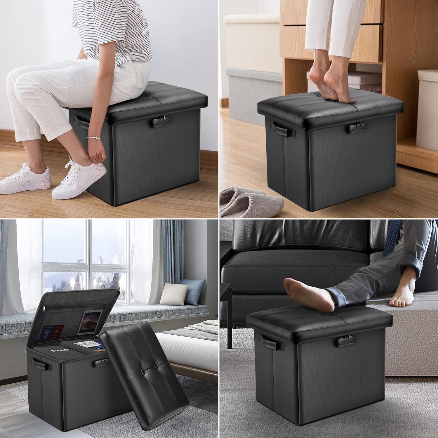 Docsafe Storage Ottoman With Lock,Fireproof Folding Ottoman Foot Rest Stool Storage Chest With Storage Safe For Important Documents,Waterproof 17 Inches Short Ottoman Foot Stool With Handles,Black