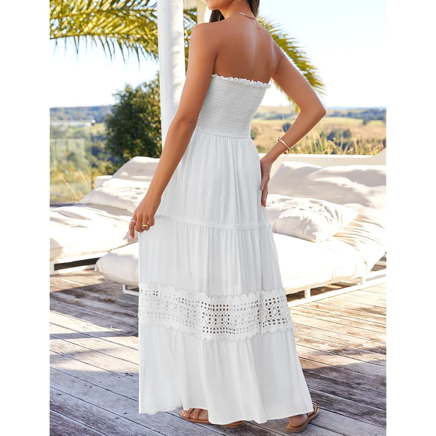 Zesica Women'S 2026 Summer Boho Maxi Dresses Strapless Off Shoulder Lace Flowy A Line Beach Vacation Long Sundress