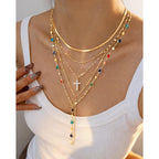 FAXHION 5PCS 14k Gold Plated Cross Necklaces for Women, Pendant Stacked Layered Diamond Y Long Boho Jewelry Sets Adjustable Accessories Trendy Gifts for Women