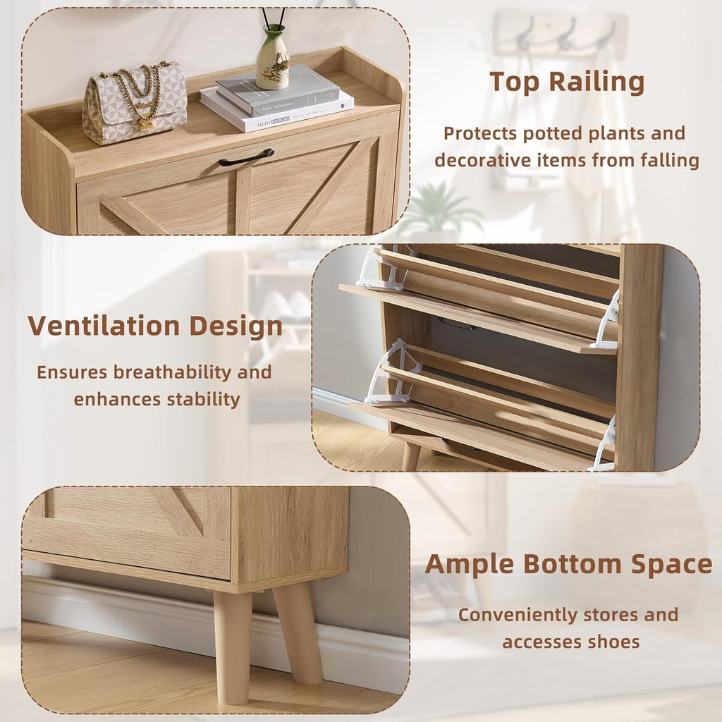 LEYAOYAO Shoe Cabinet Storage for Entryway with 2 Flip Drawers Rack Narrow Organizer Slim Hidden Wood Shoe Cabinet Furniture Natural