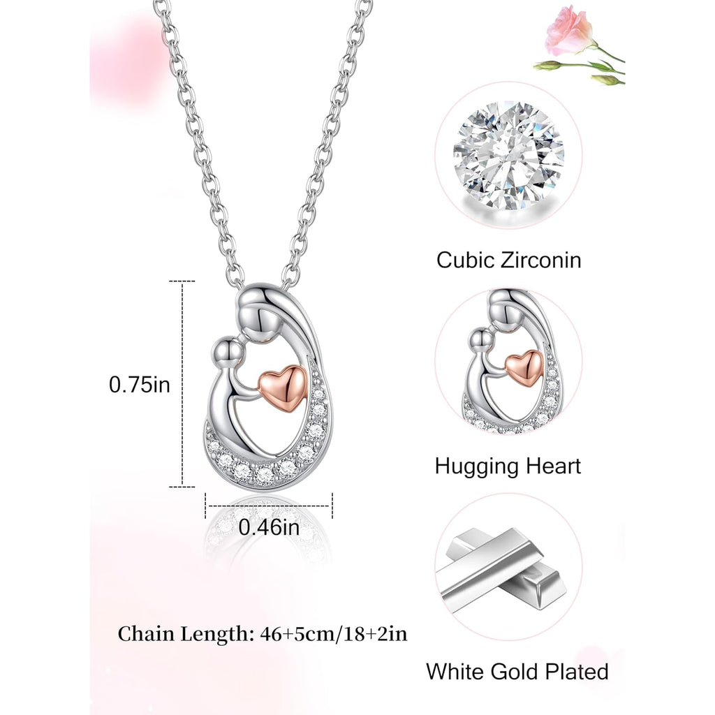 Sereney First Mothers Day Gifts for New Mom Necklace, New Mom Gifts as 1st Mothers Day Necklace for Women, White Gold Plated Hugging Heart Pendant as Hypoallergenic Mother Jewelry for New Mommy