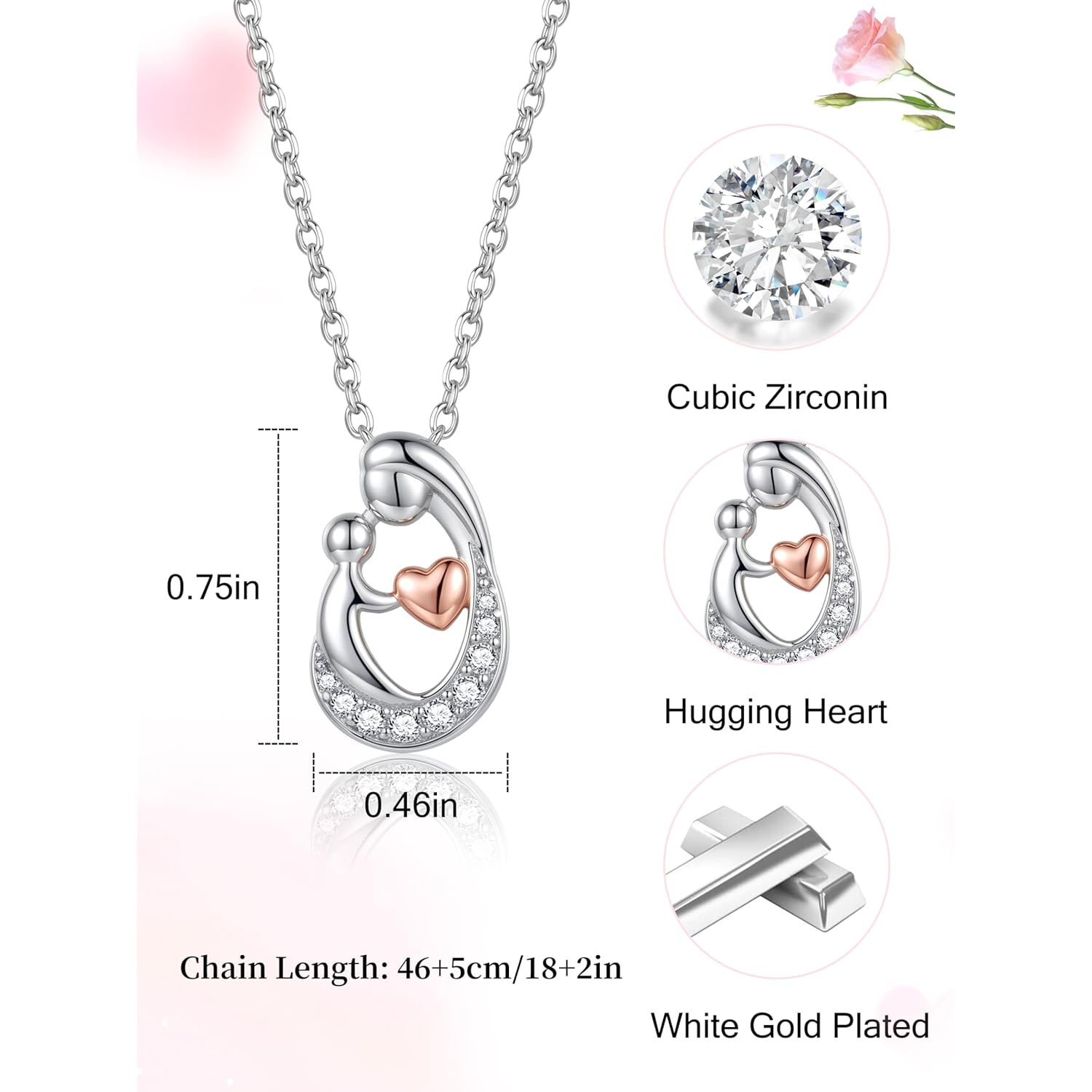 Sereney First Mothers Day Gifts for New Mom Necklace, New Mom Gifts as 1st Mothers Day Necklace for Women, White Gold Plated Hugging Heart Pendant as Hypoallergenic Mother Jewelry for New Mommy