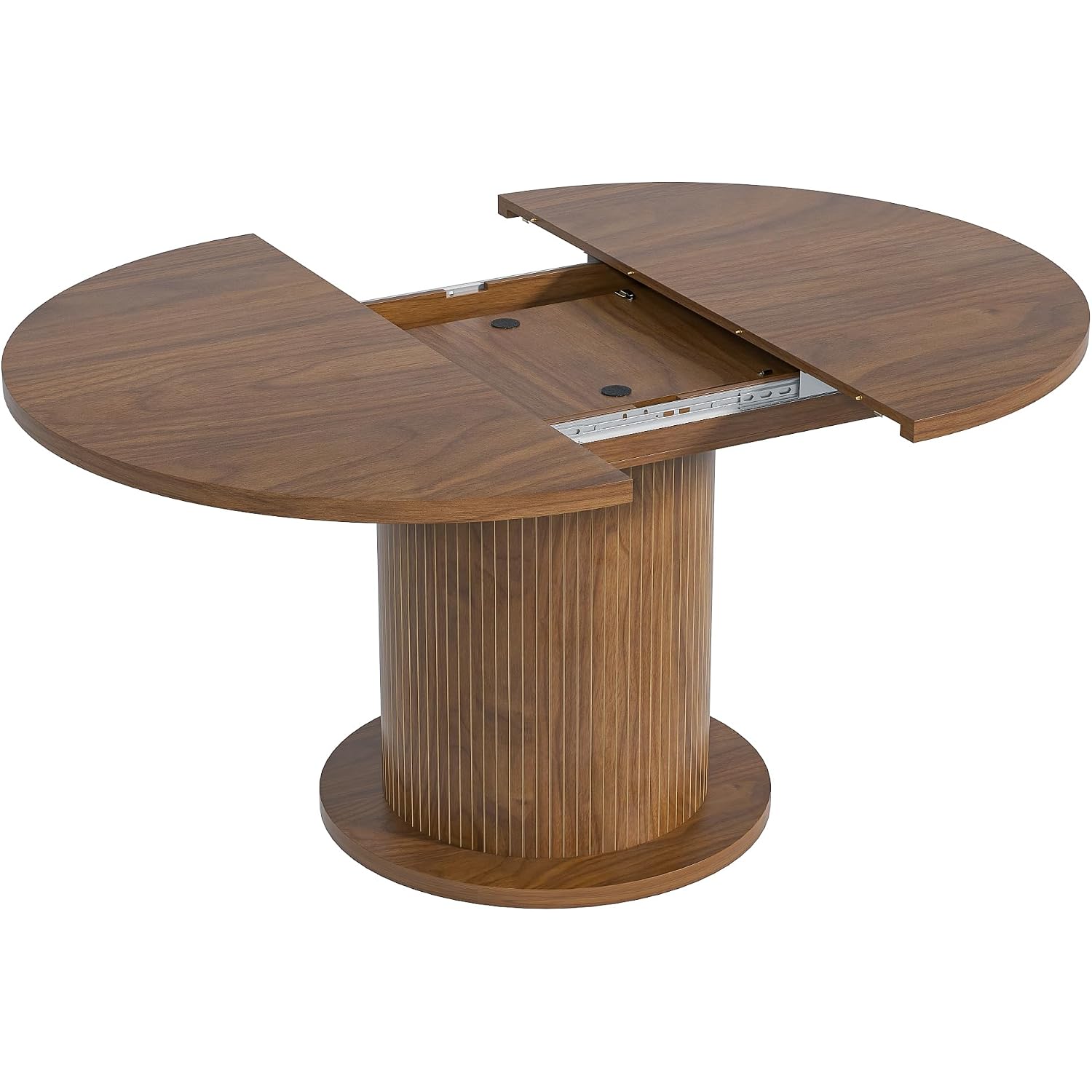 43.3 Inch 59 Inch Adjustable Size Round Dining Table For 4 6, Unique Design Modern Farmhouse Kitchen Table, Circle Dining Tables With Wood Strip Base For Kitchen Living Room (Walnut)