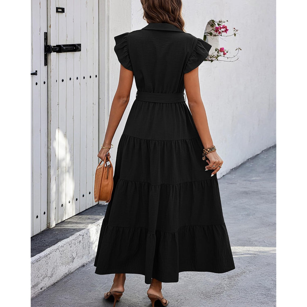 Dowerme Women'S Summer Casual Dresses 2026 Cap Ruffle Sleeve V Neck Button Belted Tiered Boho Maxi Dress With Pockets