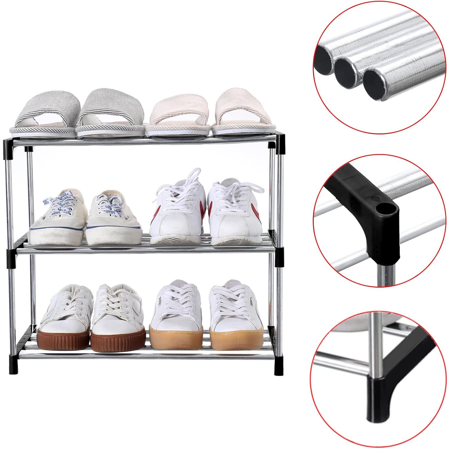 Jucaifu Stackable Small Shoe Rack, Entryway, Hallway And Closet Space Saving Storage And Organization (3-Tier, Black)