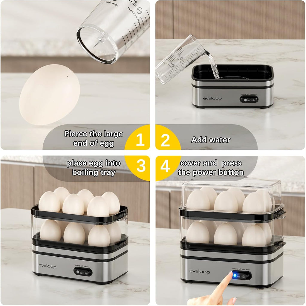 Evoloop Rapid Egg Cooker Electric 12 Eggs Capacity, Soft, Medium, Hard Boiled, Poached, Omelet Maker Egg Poacher & Vegetable Steamer, Bpa Free Tray