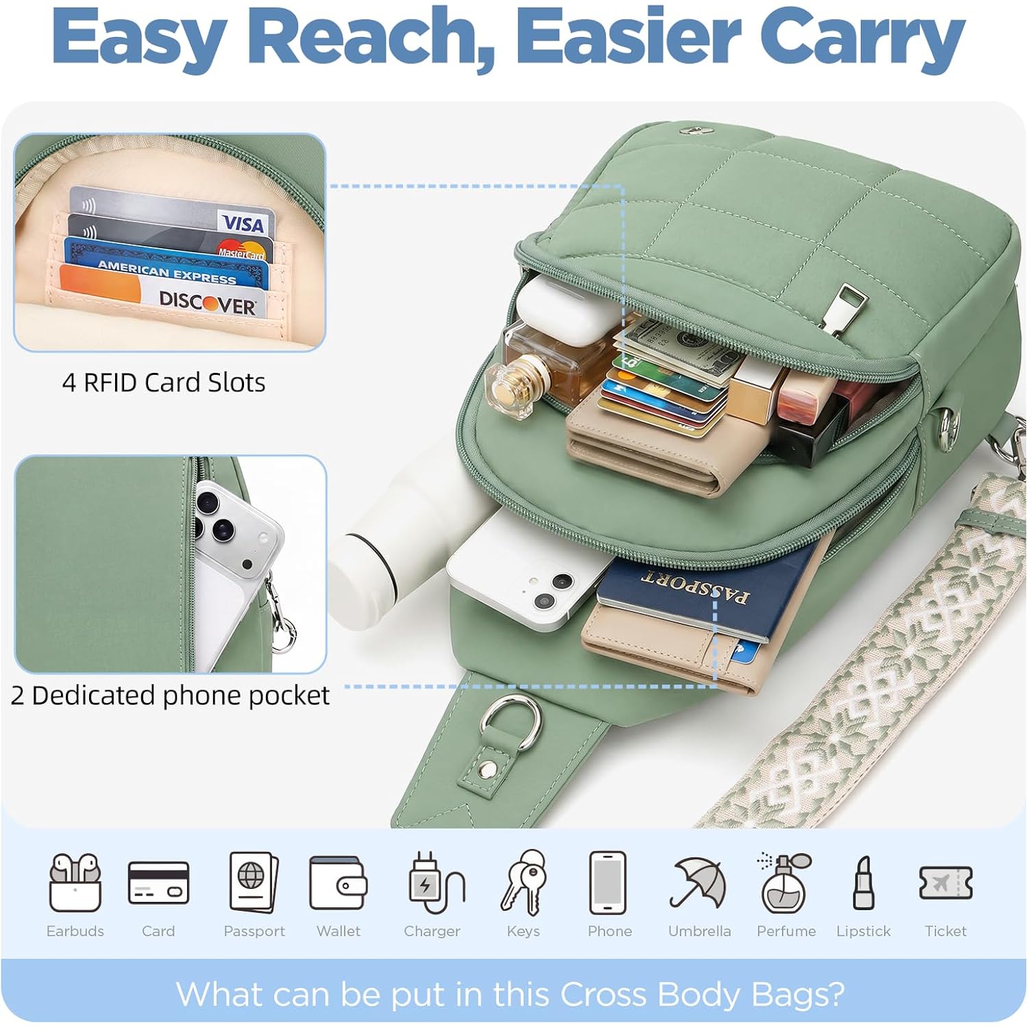 Anti Theft Sling Bag For Men & Women, Lightweight Puffer Rfid Crossbody Bag For Travel, Commuting & City Walking, Hands-Free Everyday Essentials Bag Green