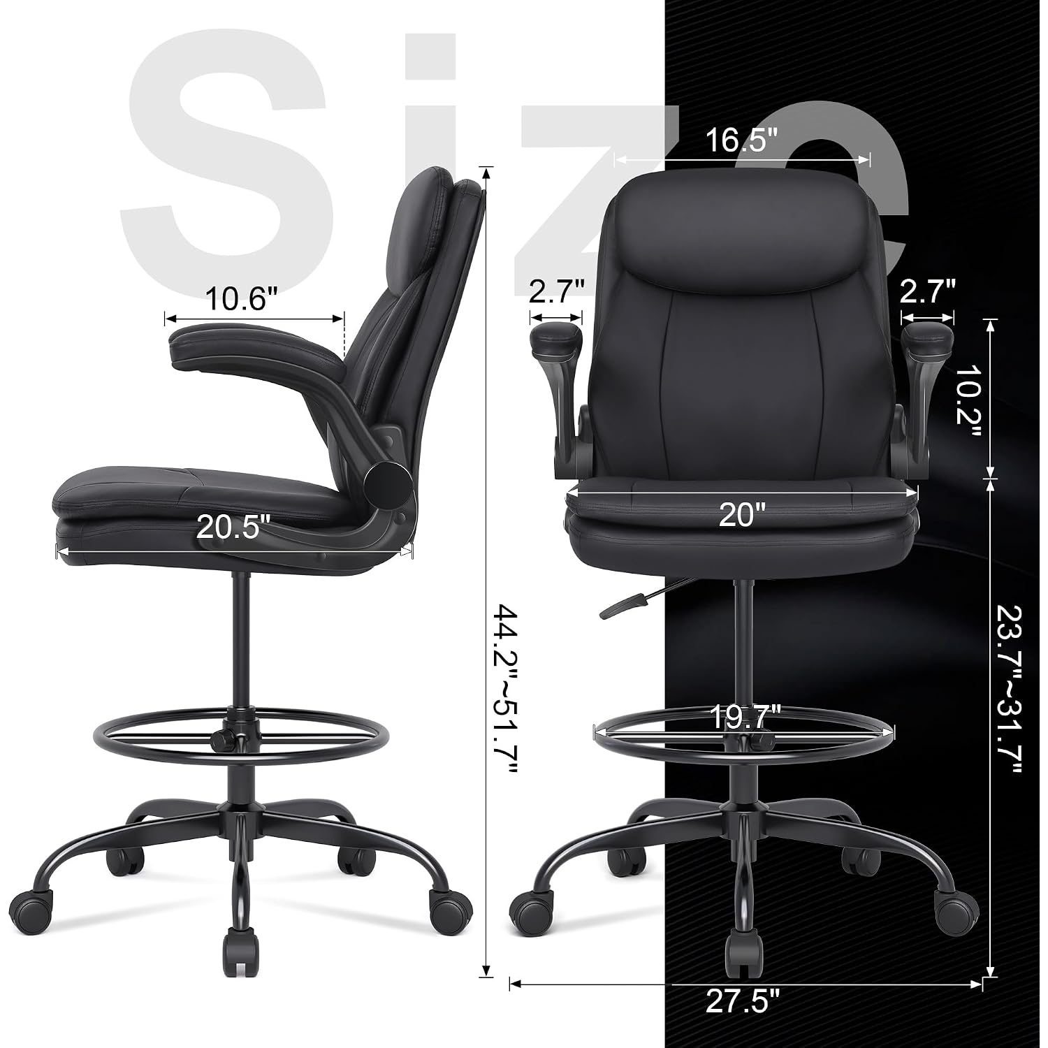 Misolant Drafting Chair, Tall Office Chair For Standing Desk, High Leather Executive Office Chair With Adjustable Height And Flip-Up Armrest For Counter Height Desk