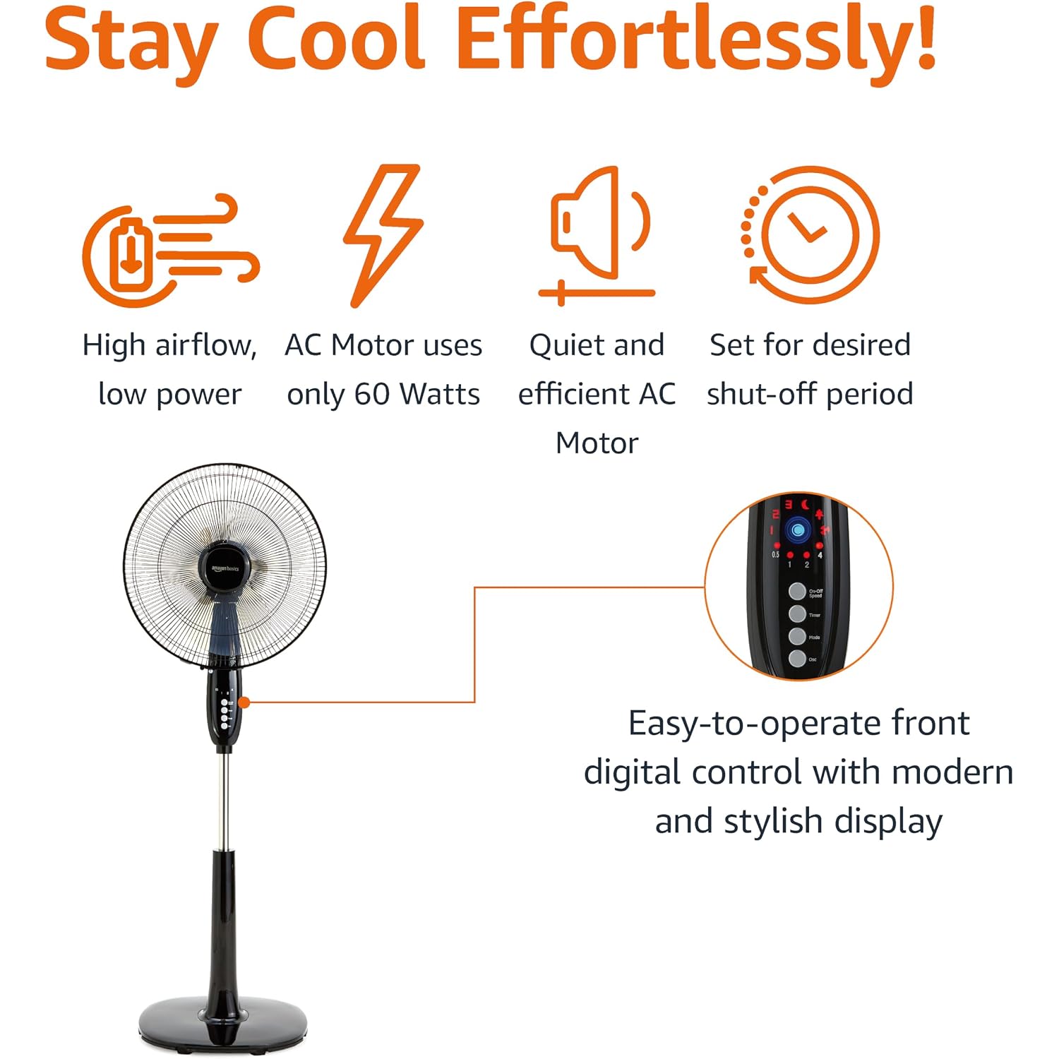 Amazon Basics 16" Pedestal Fan With Remote For Bedroom, Living Room, Office, Adjustable Height, Dual-Layered Blades, 3 Speeds, 3 Modes, Timer, Tilt Head, 60W, Black