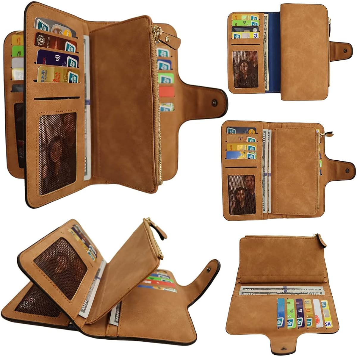 Womens Long Leather Wallet, RFID Blocking Leather Pocket Wallet Ladies Mini Purse with ID Window