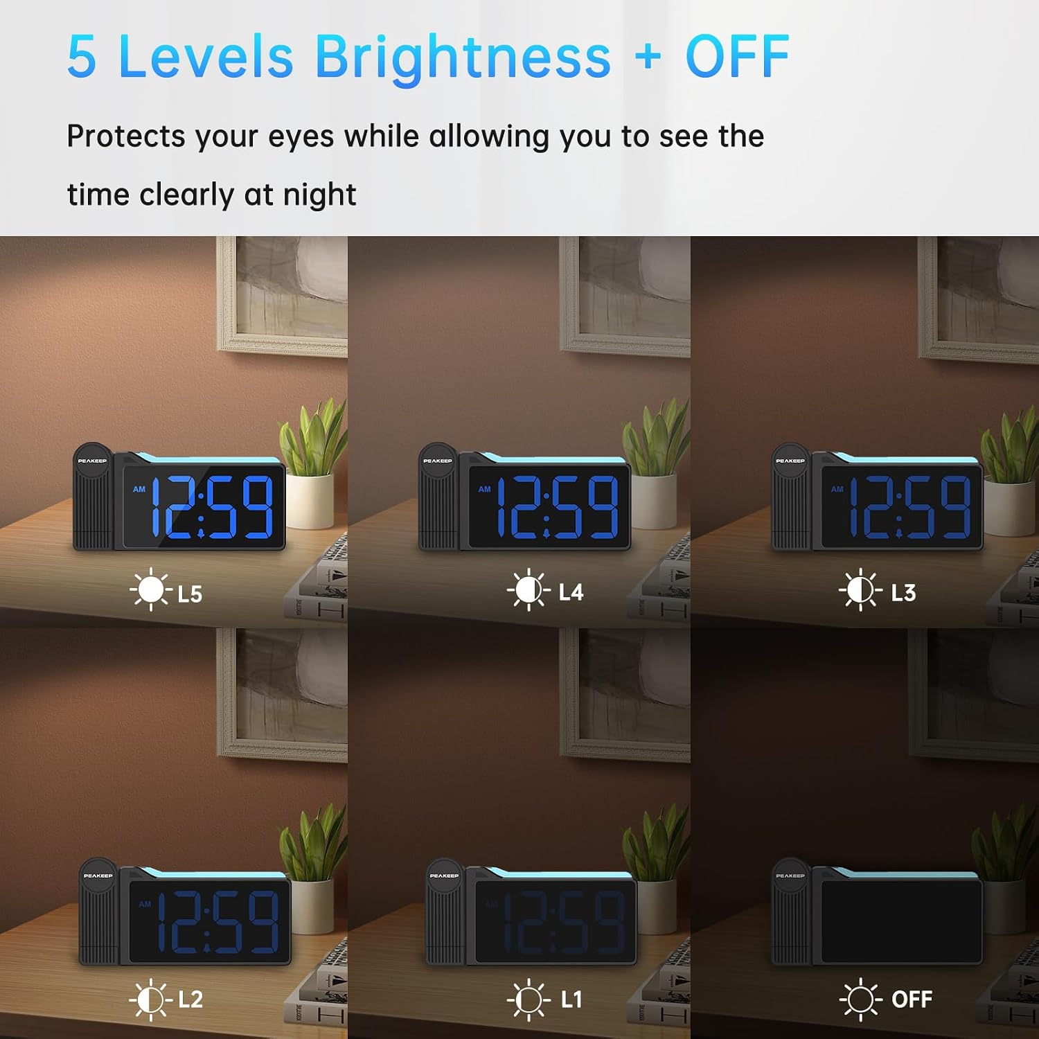 Peakeep Projection Alarm Clock For Bedroom Ceiling With Colorful Nightlight | 180° Rotatable Projector, 5 Brightness Dimmable, Electric Large Number Led Digital Clock With Usb Port Charger For Bedside