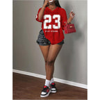 MakeMeChic Women's Football Jersey Shirts Soccer Jersey Number Oversized Y2K Tee Tops Red and White