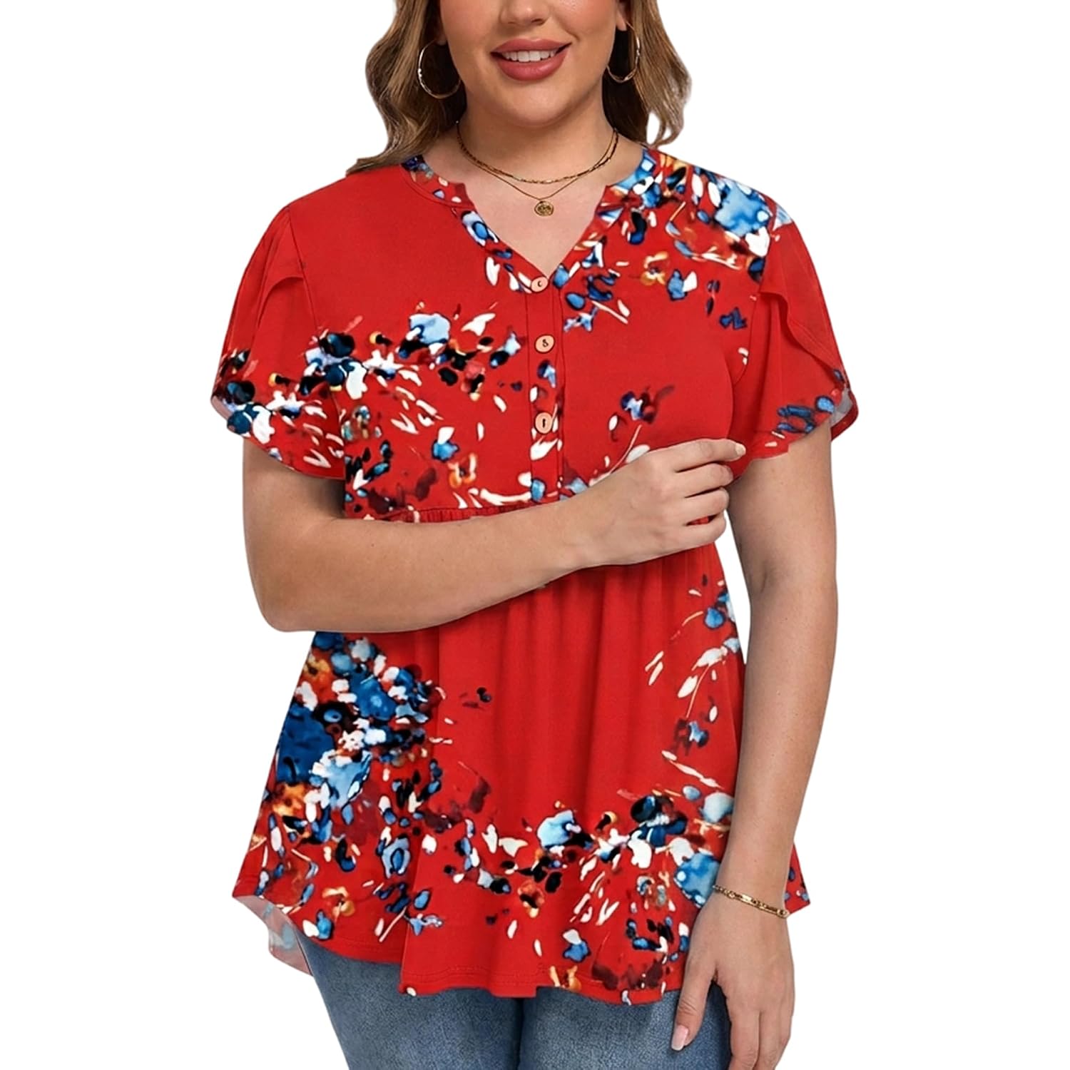 Women's Plus Size Short Ruffle Sleeve Henley Shirts V Neck Button Tunic Tops Casual Swing Flowy Dressy Blouses