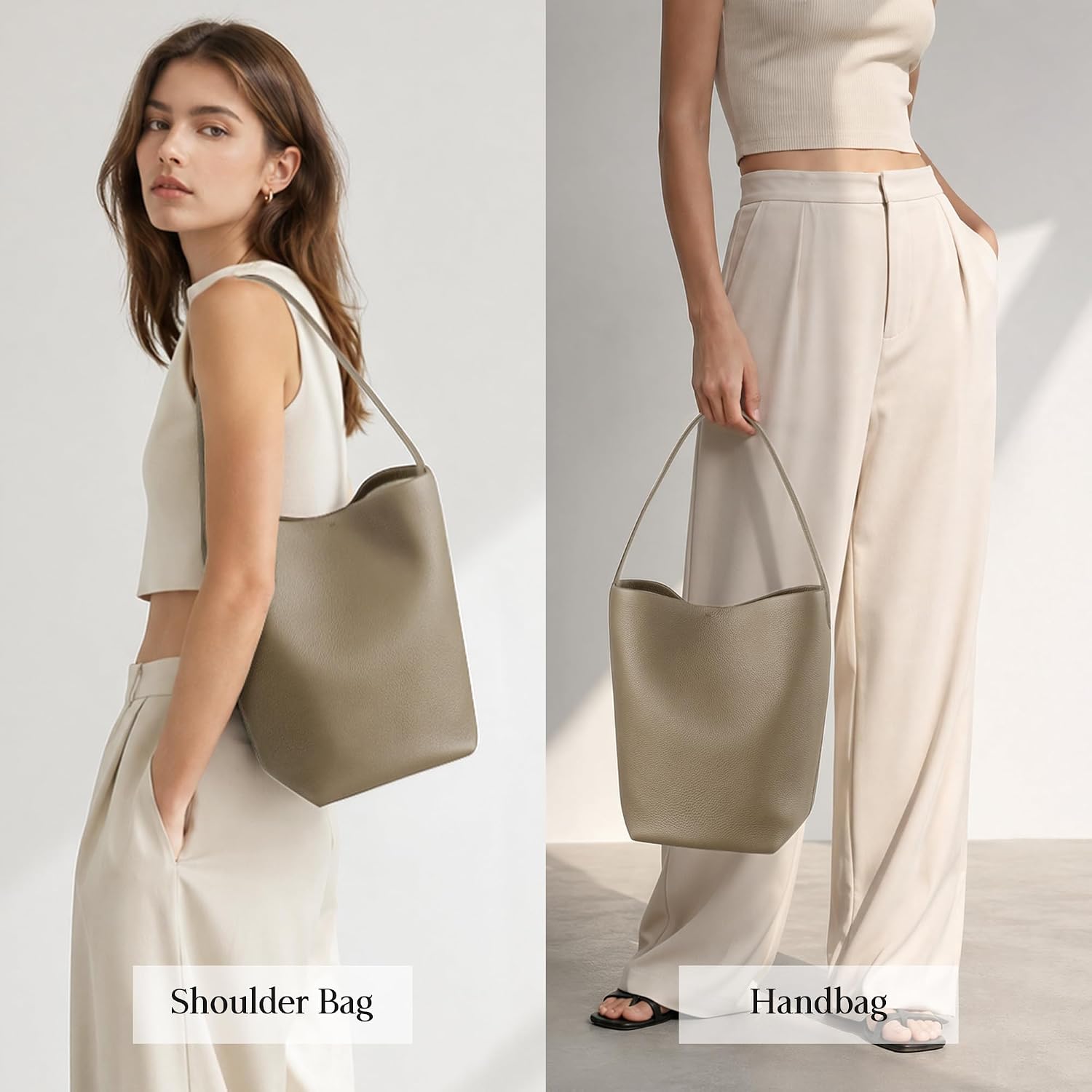 Befen Genuine Leather Bucket Bag For Women, Soft Pebbled Leather Bucket Shoulder Bag, Everyday Casual Tote Bag Minimalist