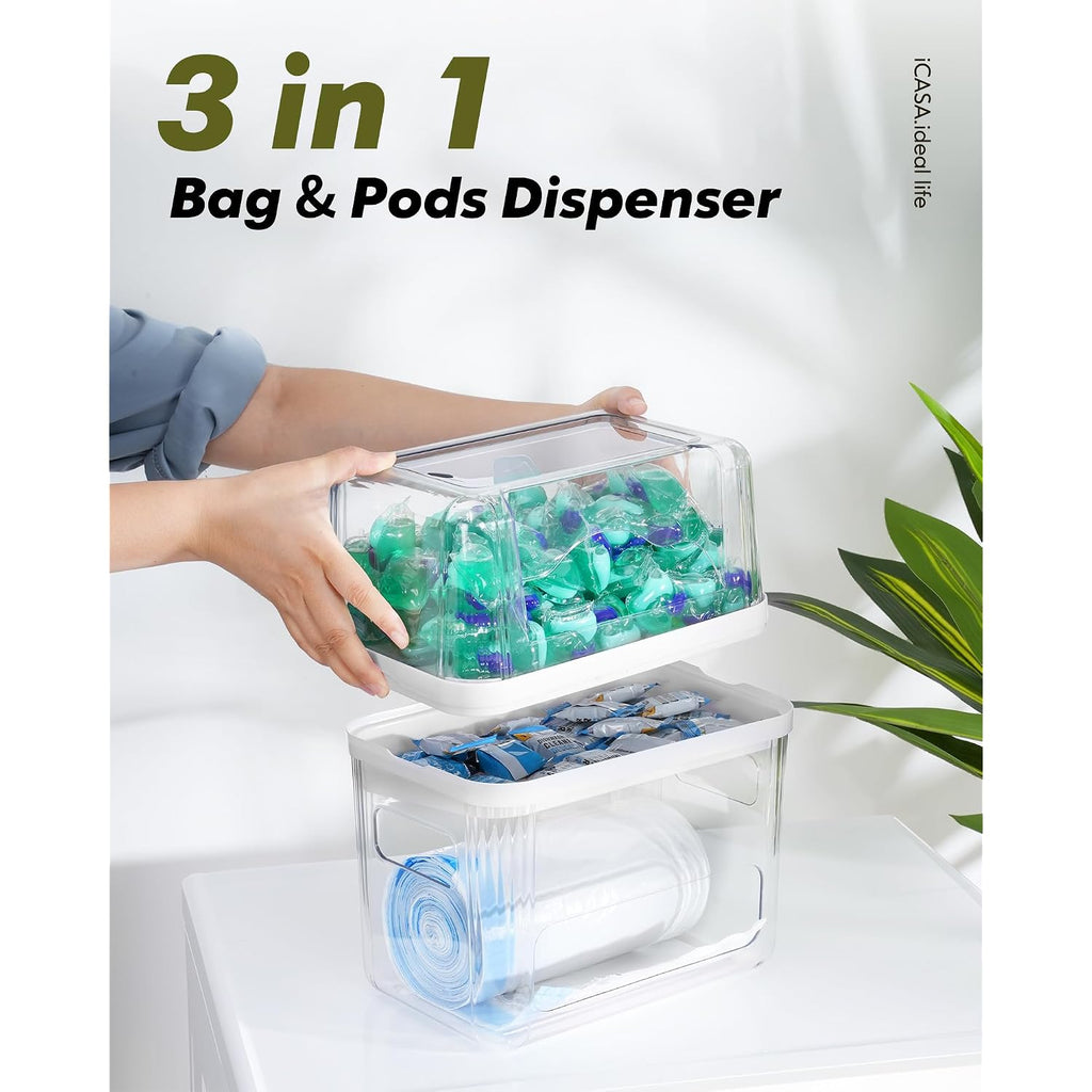Icasa Trash Bag And Dishwasher Pod Dispenser - 3 In 1 Clear Storage Bins Holder For 13/30/33 Gallon Garbage Bags, Laundry Detergent Pods & Tabs, Under Sink Organizer For Kitchen And Laundry Room