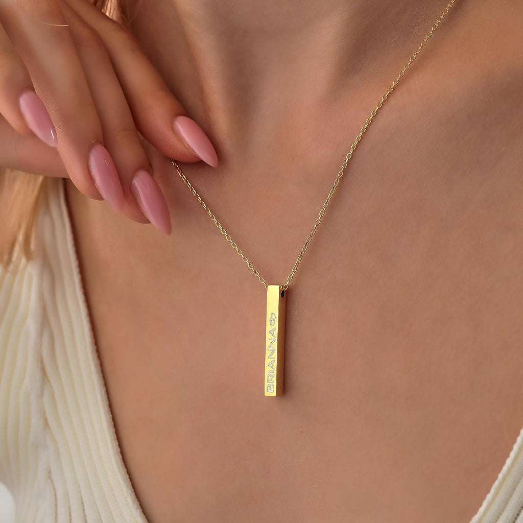 Elosh Customized Elegance 3D Vertical Bar Necklace with Engraved Name Pendant Personalized with your text Custom made