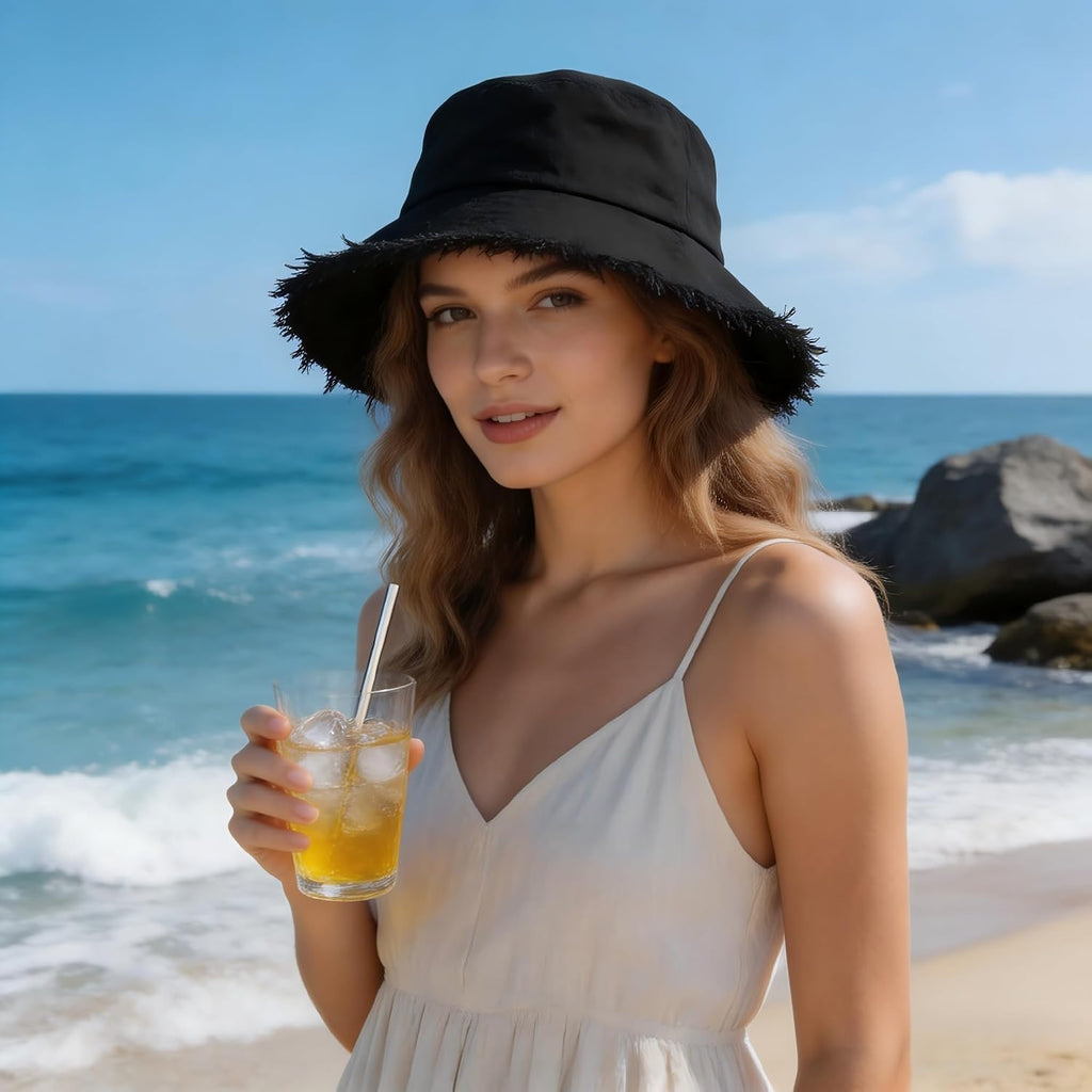 Sun Hats for Women Summer Casual Wide Brim Cotton Bucket Hat Beach Vacation Travel Accessories Black