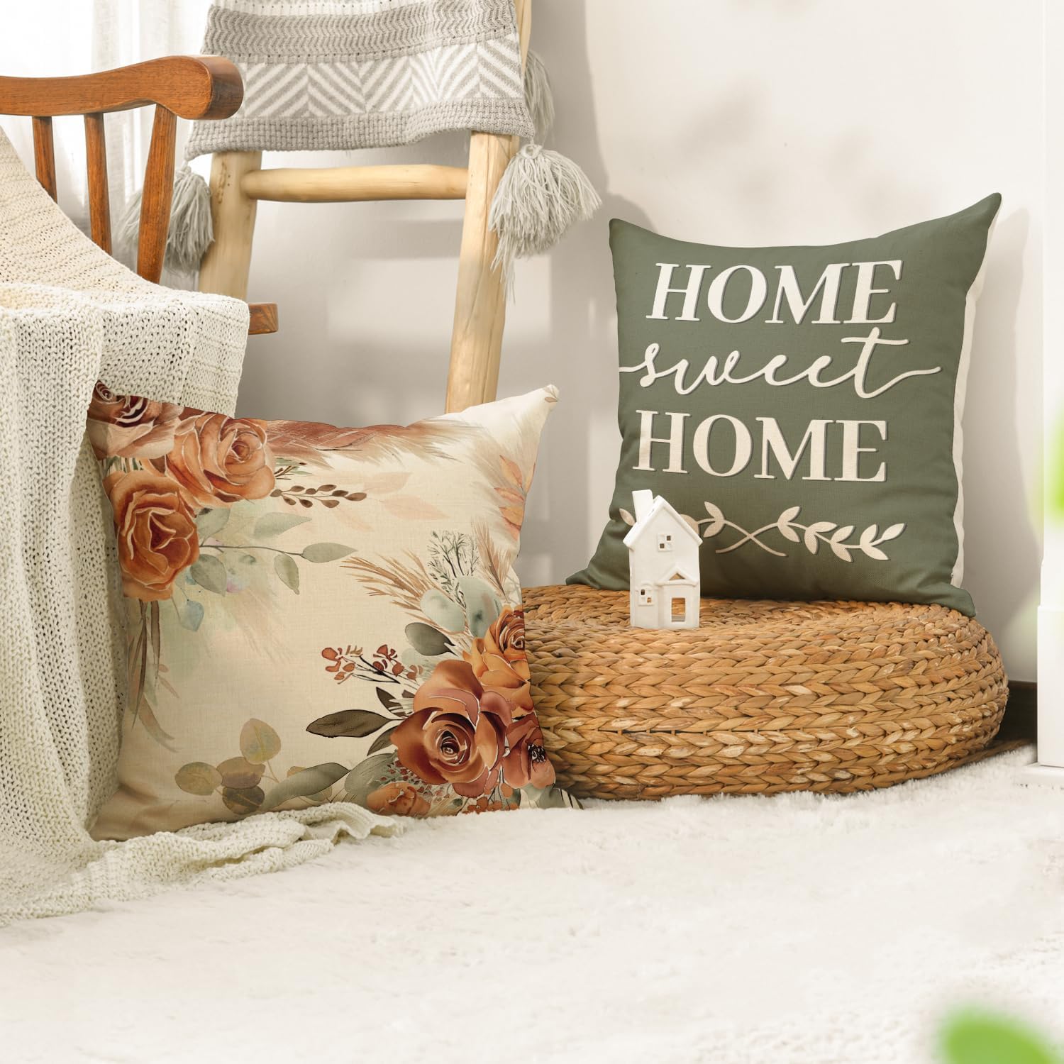 AVOIN colorlife Spring Home Sweet Home Terracotta Sage Throw Pillow Covers, 18 x 18 Inch Seasonal Fall Eucalyptus Floral Motto Cushion Case for Sofa Couch Set of 4