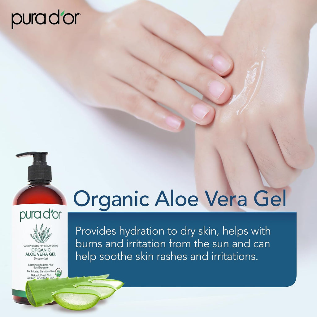 Pura D'Or 16 Oz Organic Aloe Vera Gel - Unscented - All Natural - Zero Artificial Preservatives - Deeply Hydrating & Moisturizing - Sunburn, Bug Bites, Rashes, Small Cuts, Eczema Relief - Skin & Hair