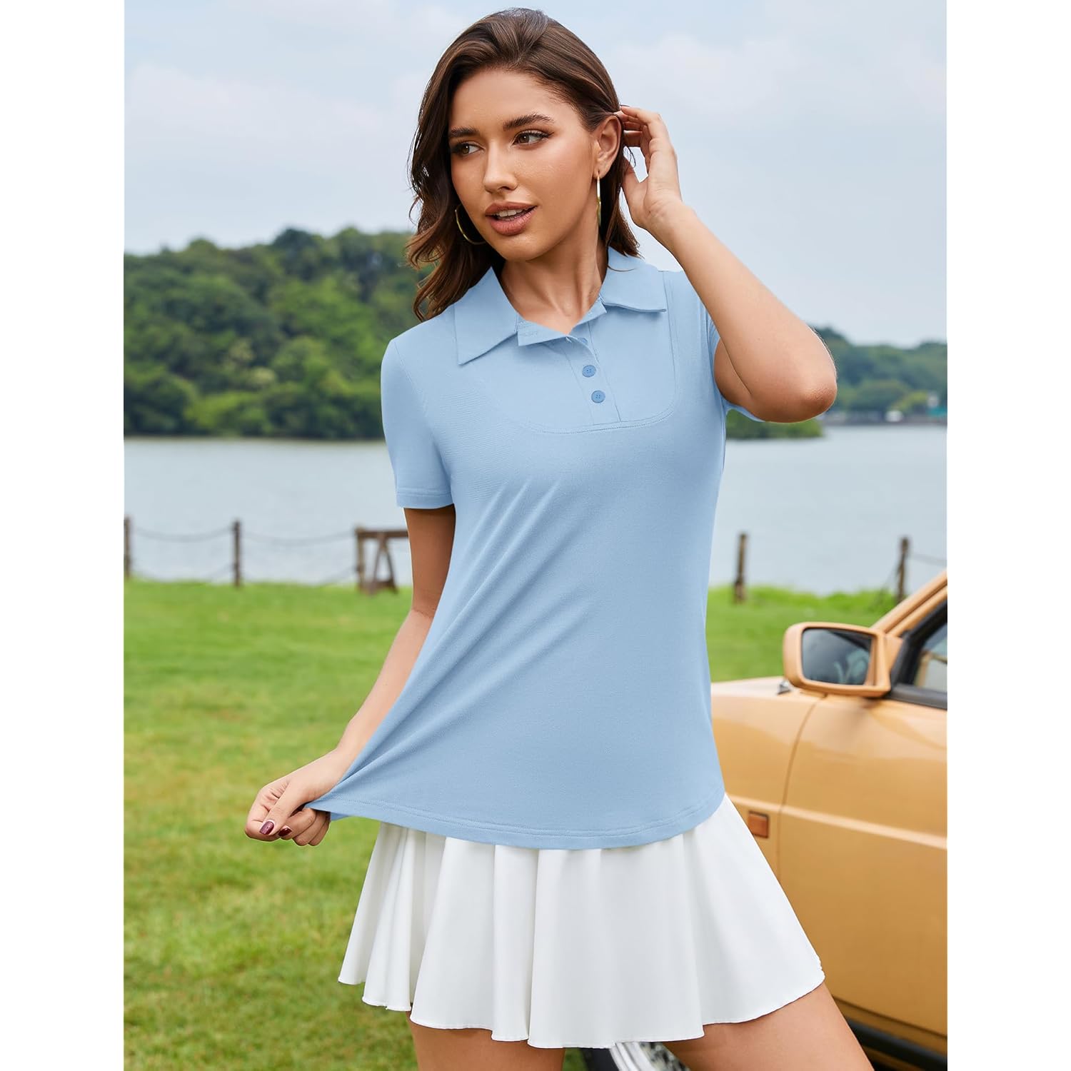 Womens Short Sleeve Polo Shirts Business Casual Collared V Neck Tops Summer Cotton 4 Buttons Polos Tshirts